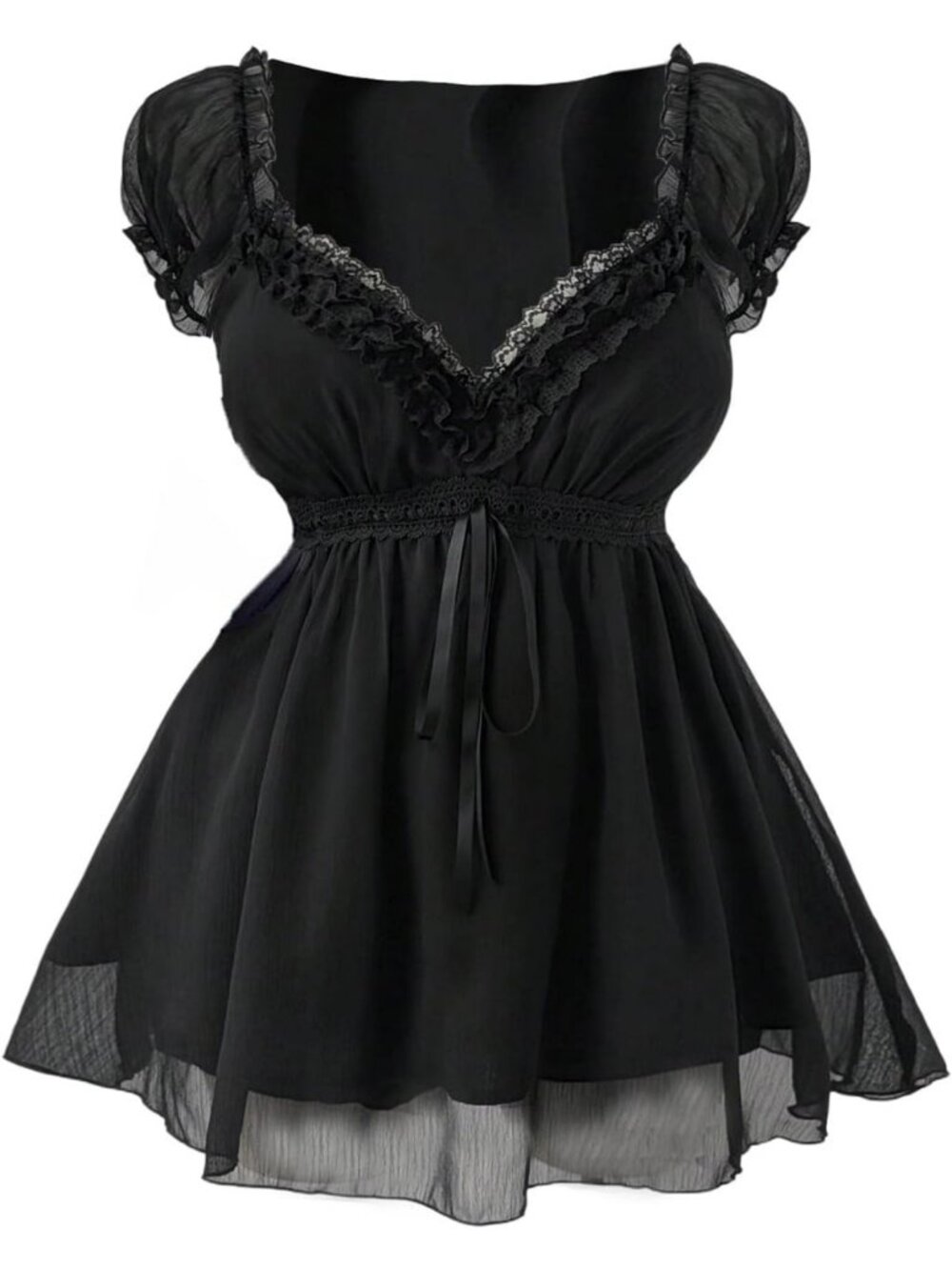 Plus Size Y2K Goth Sheer Lace Blouse with Puff Sleeves & Ruffle Detail